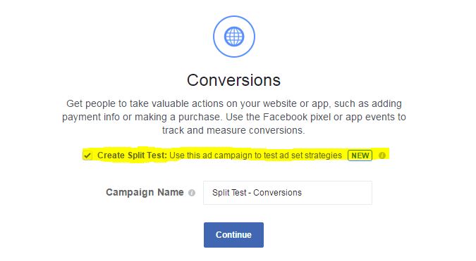 facebook split testing objective select